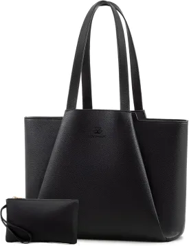 LOVEVOOK Laptop Tote for Women - 15.6 Inch Leather Laptop Bag with Clutch, Large Capacity Office Purse Computer Briefcase for Casual Business Travel, Black