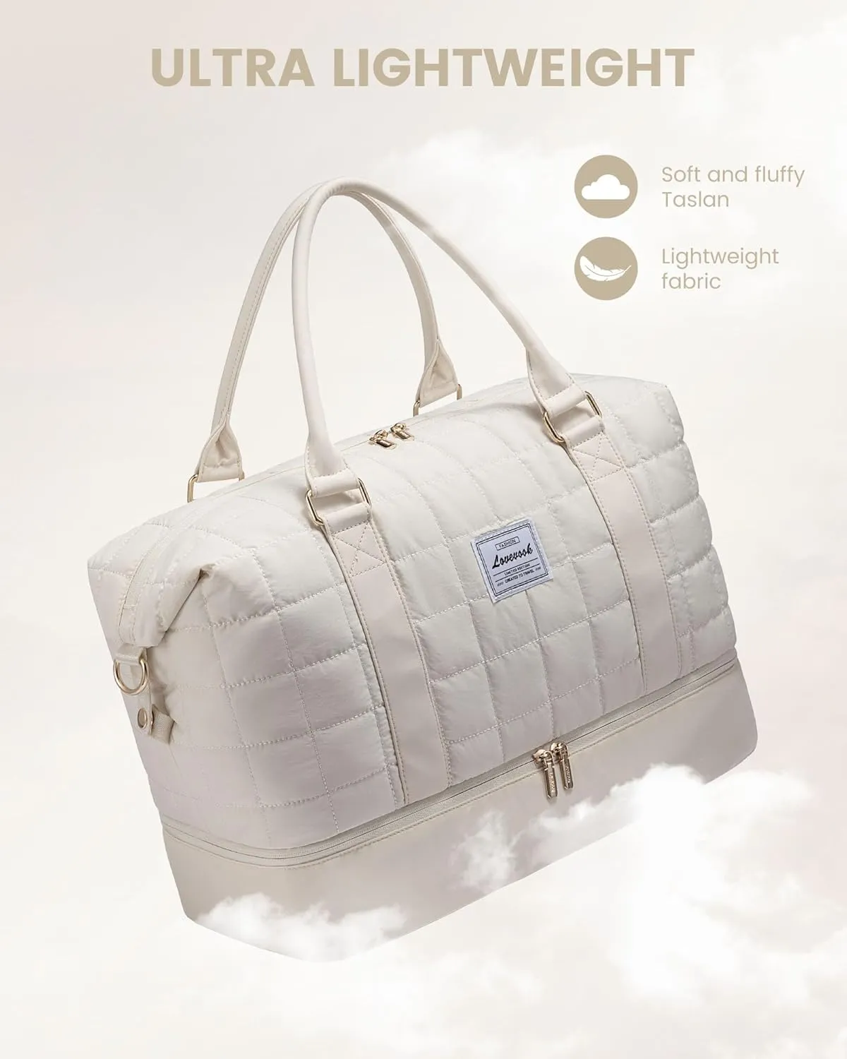 LOVEVOOK Large Duffle Bag for Travel, Puffer Weekend Bags for Women Travel Tote, Carry on Duffel Bag for Airplanes, 18 Inch Personal Item Bag Gym Bag Women, Beige
