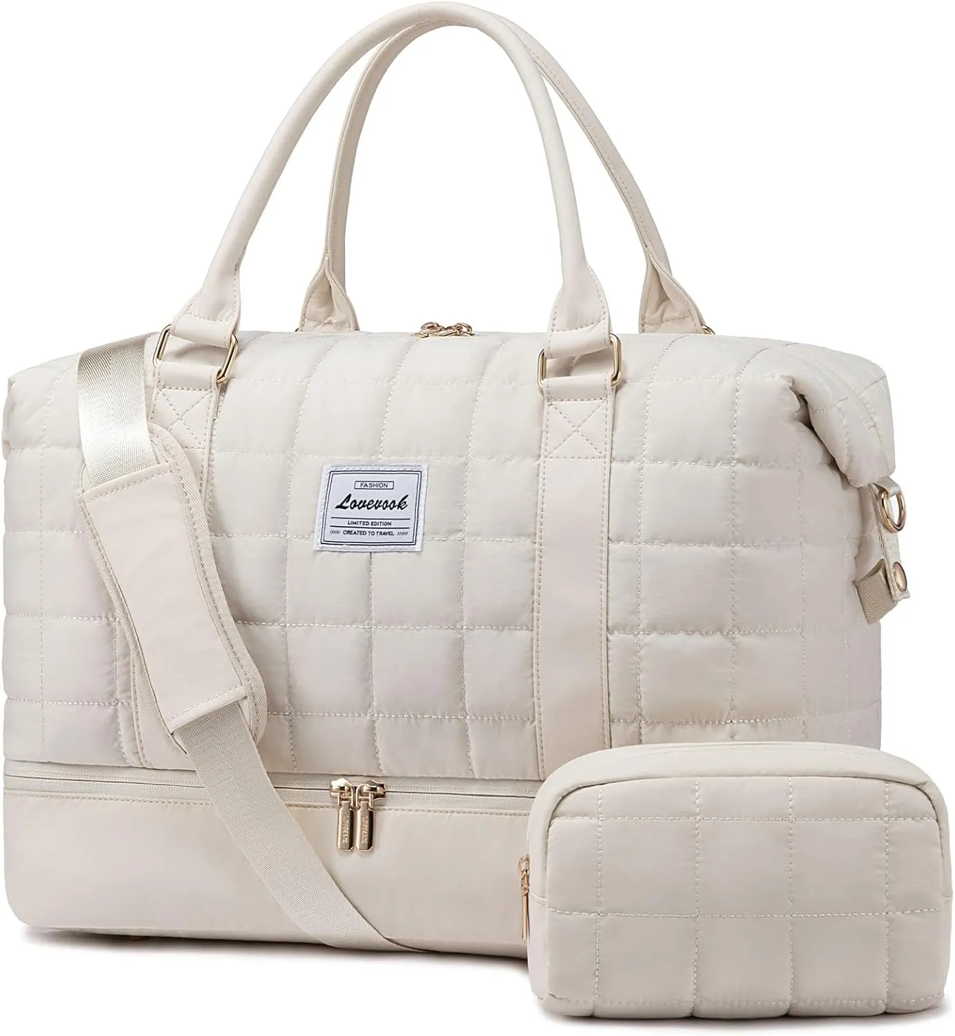 LOVEVOOK Large Duffle Bag for Travel, Puffer Weekend Bags for Women Travel Tote, Carry on Duffel Bag for Airplanes, 18 Inch Personal Item Bag Gym Bag Women, Beige