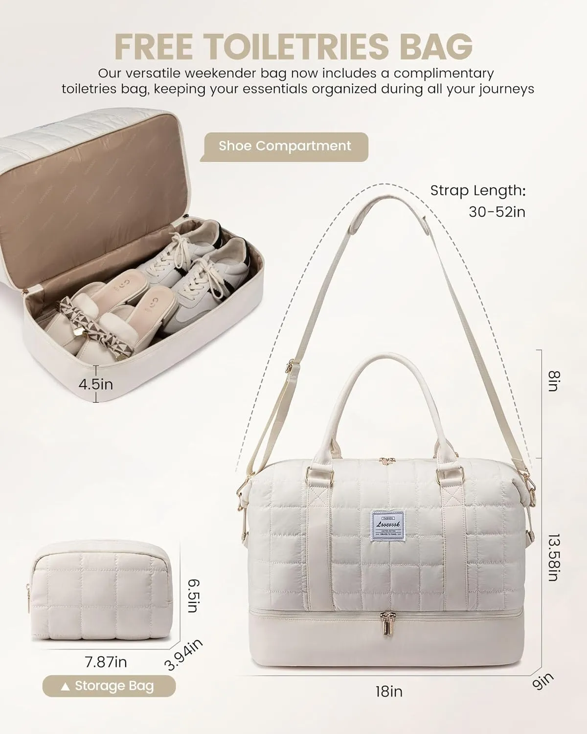 LOVEVOOK Large Duffle Bag for Travel, Puffer Weekend Bags for Women Travel Tote, Carry on Duffel Bag for Airplanes, 18 Inch Personal Item Bag Gym Bag Women, Beige