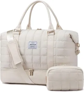 LOVEVOOK Large Duffle Bag for Travel, Puffer Weekend Bags for Women Travel Tote, Carry on Duffel Bag for Airplanes, 18 Inch Personal Item Bag Gym Bag Women, Beige