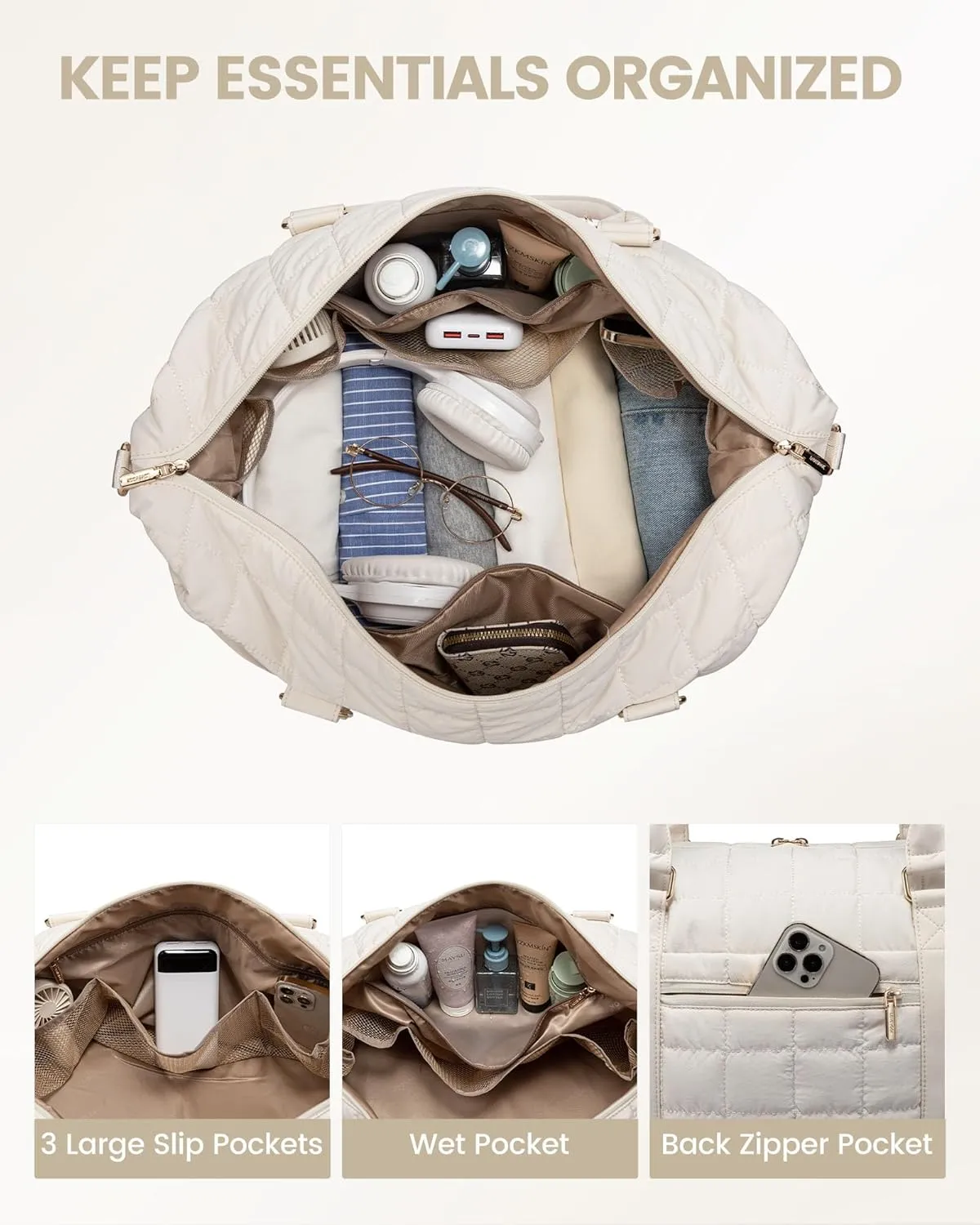 LOVEVOOK Large Duffle Bag for Travel, Puffer Weekend Bags for Women Travel Tote, Carry on Duffel Bag for Airplanes, 18 Inch Personal Item Bag Gym Bag Women, Beige