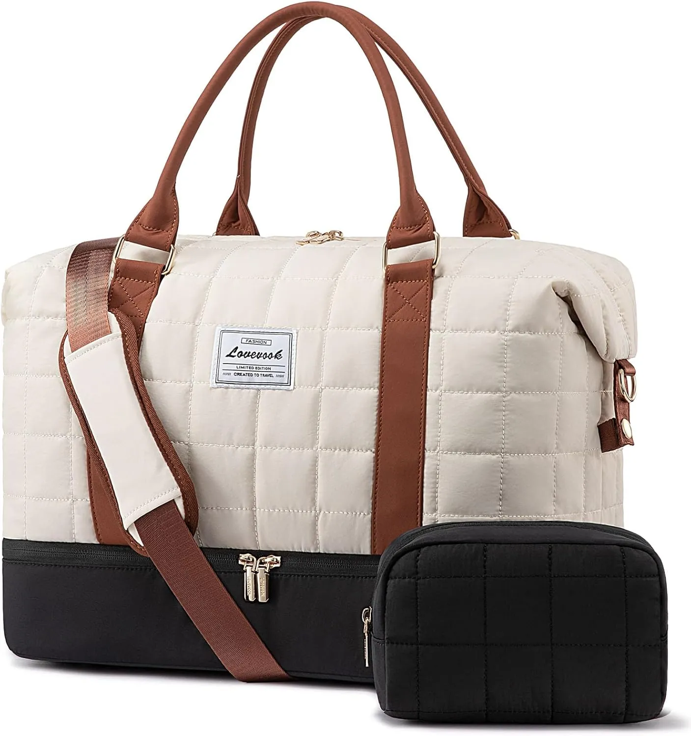 LOVEVOOK Large Duffle Bag for Travel, Puffer Weekend Bags for Women Travel Tote, Carry on Duffel Bag for Airplanes, 18 Inch Personal Item Bag Gym Bag Women, Black-White-Brown