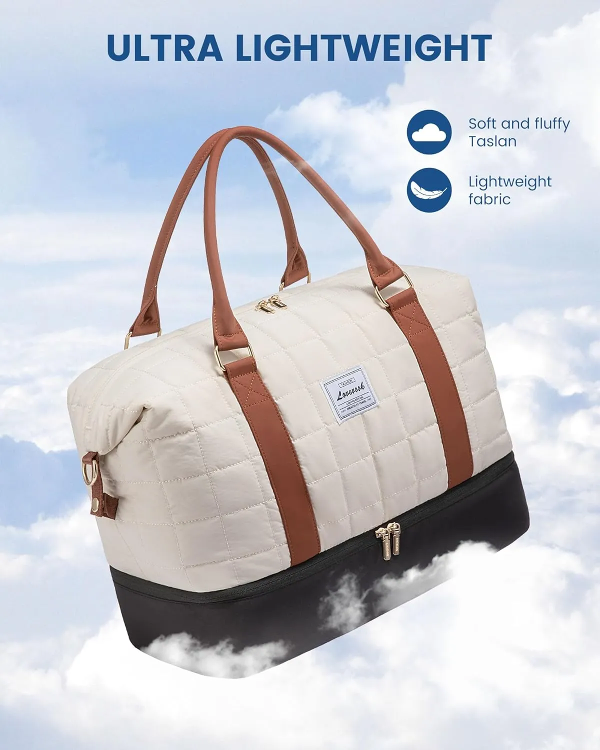 LOVEVOOK Large Duffle Bag for Travel, Puffer Weekend Bags for Women Travel Tote, Carry on Duffel Bag for Airplanes, 18 Inch Personal Item Bag Gym Bag Women, Black-White-Brown