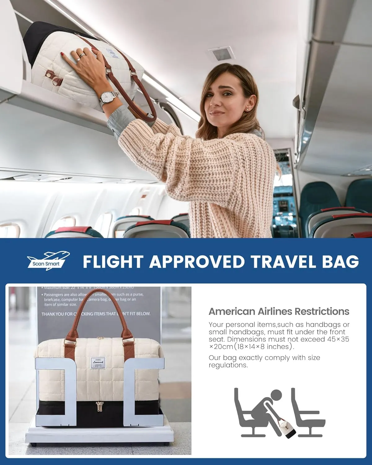 LOVEVOOK Large Duffle Bag for Travel, Puffer Weekend Bags for Women Travel Tote, Carry on Duffel Bag for Airplanes, 18 Inch Personal Item Bag Gym Bag Women, Black-White-Brown