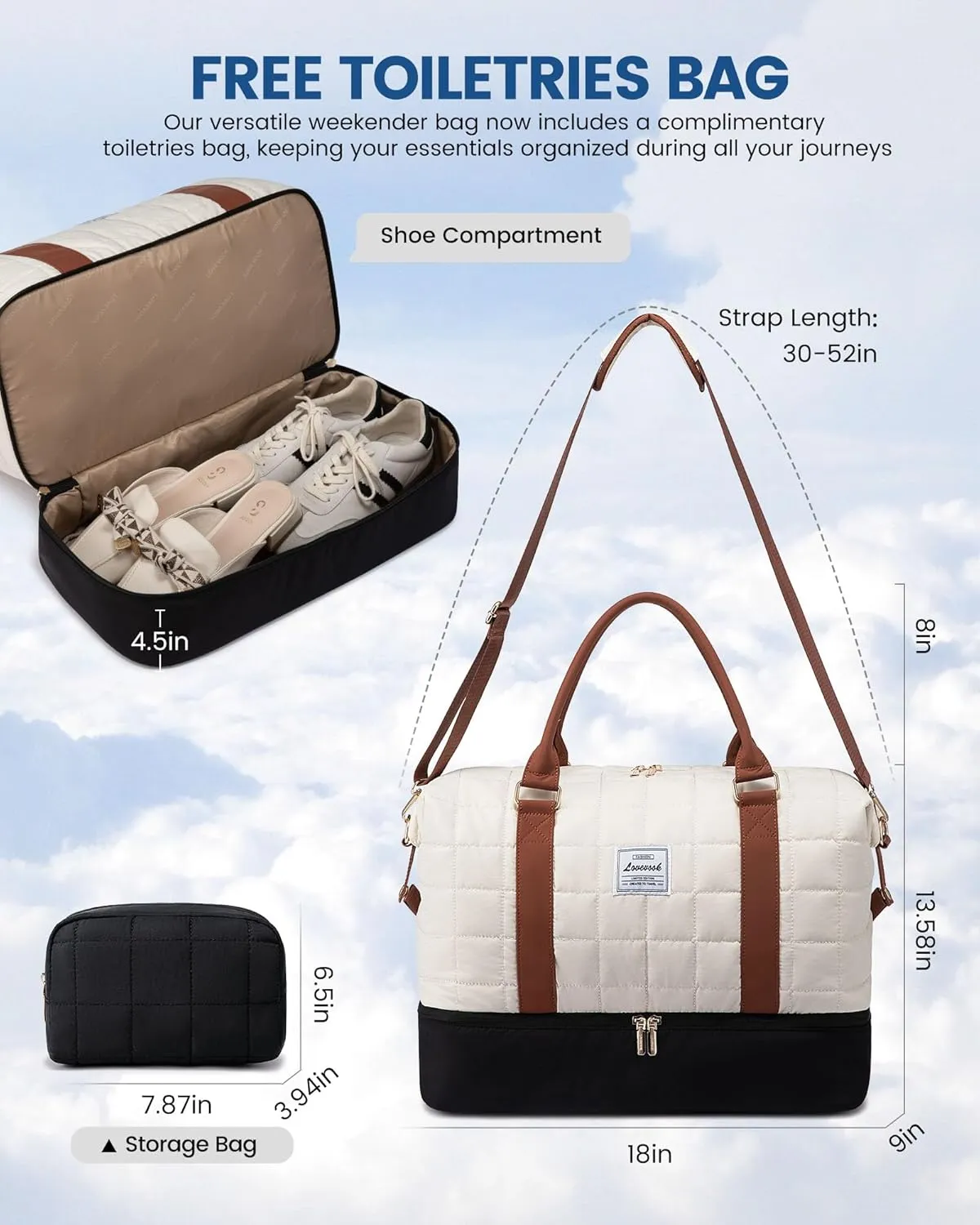 LOVEVOOK Large Duffle Bag for Travel, Puffer Weekend Bags for Women Travel Tote, Carry on Duffel Bag for Airplanes, 18 Inch Personal Item Bag Gym Bag Women, Black-White-Brown