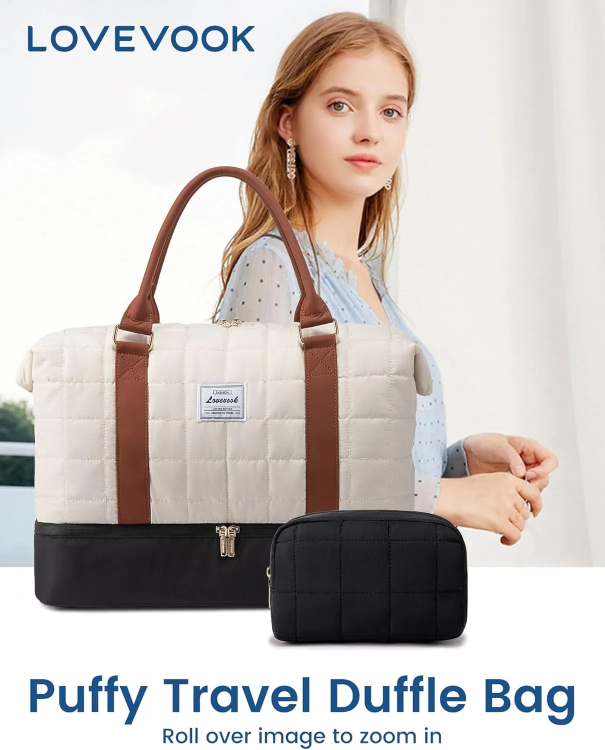 LOVEVOOK Large Duffle Bag for Travel, Puffer Weekend Bags for Women Travel Tote, Carry on Duffel Bag for Airplanes, 18 Inch Personal Item Bag Gym Bag Women, Black-White-Brown