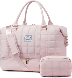 LOVEVOOK Large Duffle Bag for Travel, Puffer Weekend Bags for Women Travel Tote, Carry on Duffel Bag for Airplanes, 18 Inch Personal Item Bag Gym Bag Women, Pink