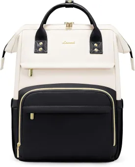 LOVEVOOK Leather Backpacks for Women,17 inch Leather Laptop Backpack Women,Professional Work Backpack Nurse College Teacher Bag,Womens Laptop Bag Computer Travel Backpacks Purse,Beige White-Black