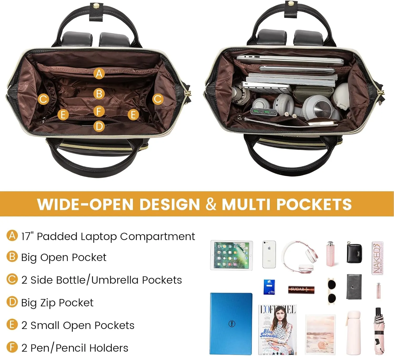 LOVEVOOK Leather Backpacks for Women,17 inch Leather Laptop Backpack Women,Professional Work Backpack Nurse College Teacher Bag,Womens Laptop Bag Computer Travel Backpacks Purse,Beige White-Black