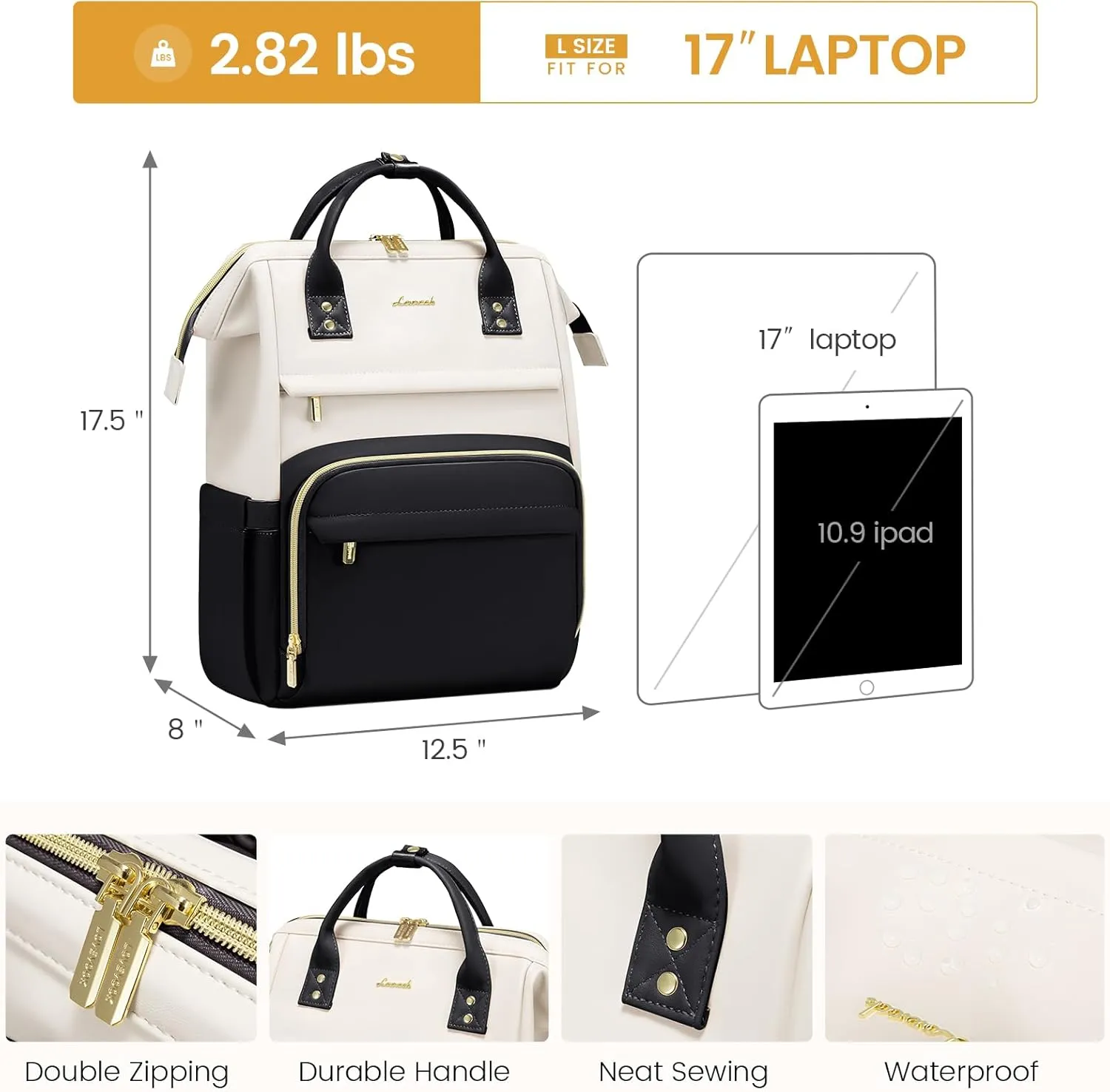 LOVEVOOK Leather Backpacks for Women,17 inch Leather Laptop Backpack Women,Professional Work Backpack Nurse College Teacher Bag,Womens Laptop Bag Computer Travel Backpacks Purse,Beige White-Black