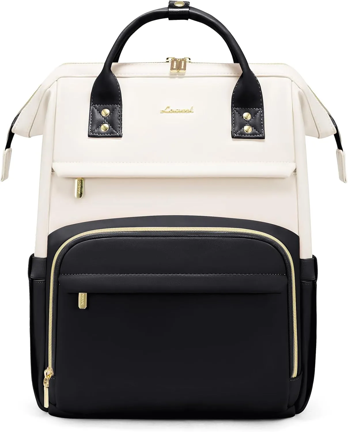 LOVEVOOK Leather Backpacks for Women,17 inch Leather Laptop Backpack Women,Professional Work Backpack Nurse College Teacher Bag,Womens Laptop Bag Computer Travel Backpacks Purse,Beige White-Black