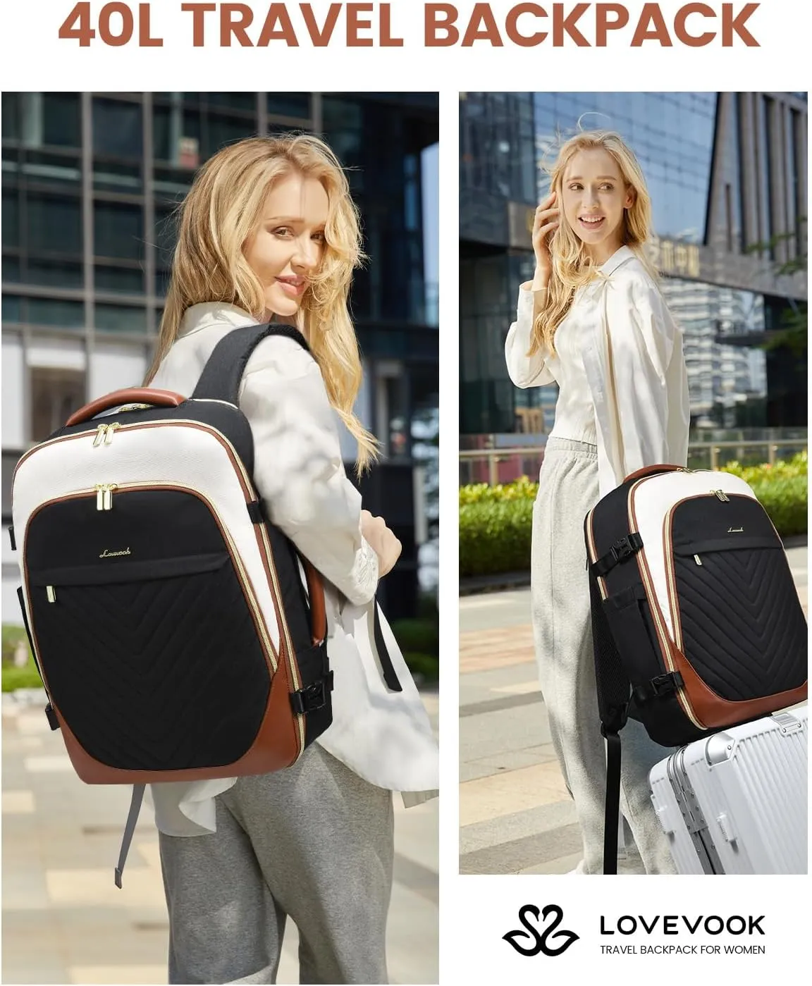 LOVEVOOK Travel Backpack for Women, TSA Approved Carry On Backpack with 2 Packing Cubes, Personal Item Backpack Fits 17 Inch Laptop, Weekender Water-resistant Daypack, Black-beige-brown