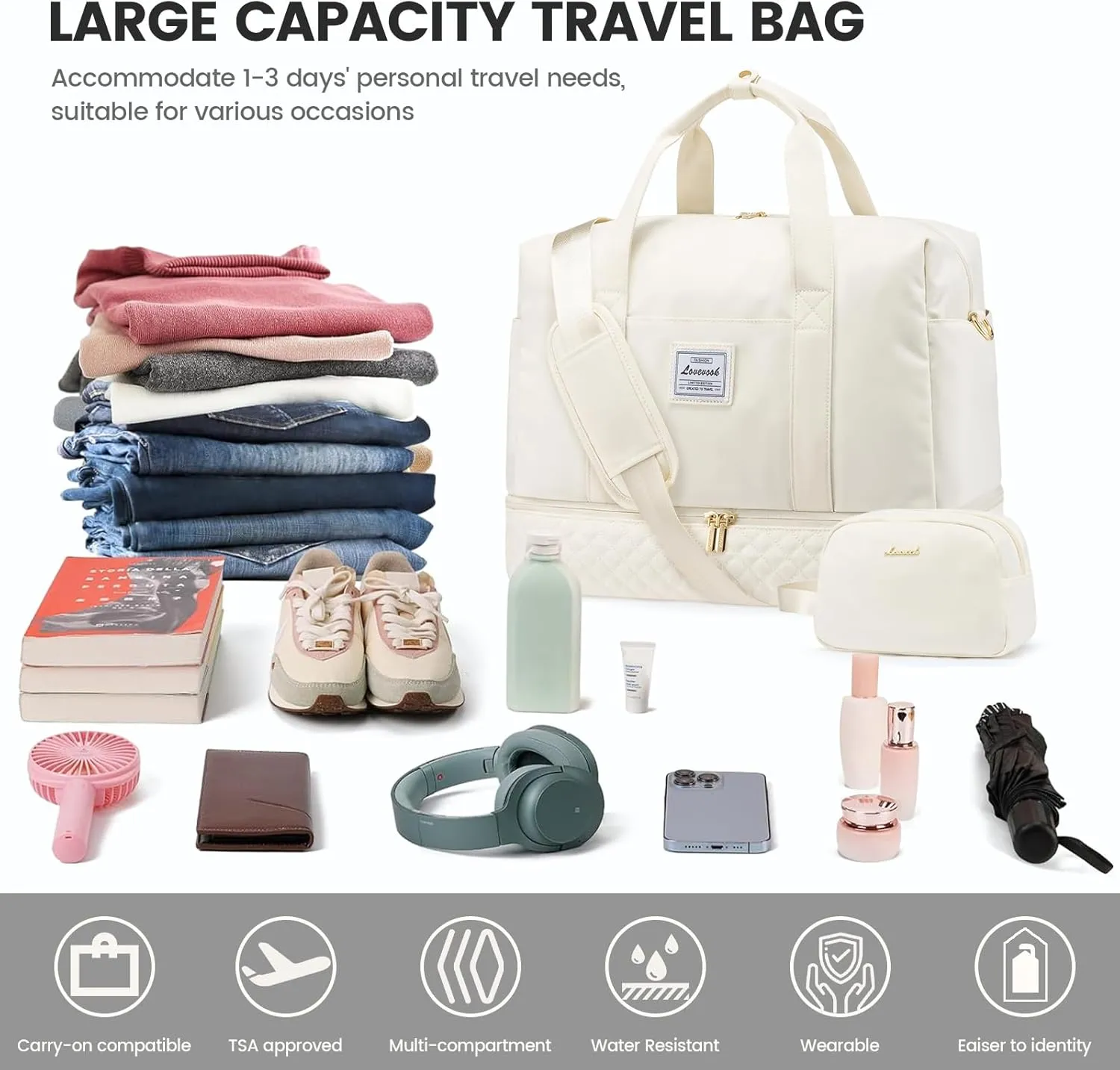 LOVEVOOK Travel Duffel Bag, 18inch Weekender Bags for Women with Shoe Compartment35L Carry on Overnight Bag with Toiletry Bag, Gym Duffel Bag with Wet Pocket, Hospital Bags for Labor and Deliver