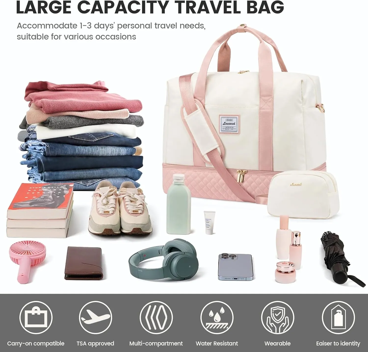 LOVEVOOK Travel Duffel Bag, 18inch Weekender Bags for Women with Shoe Compartment35L Carry on Overnight Bag with Toiletry Bag, Gym Duffel Bag with Wet Pocket, Hospital Bags for Labor and Deliver
