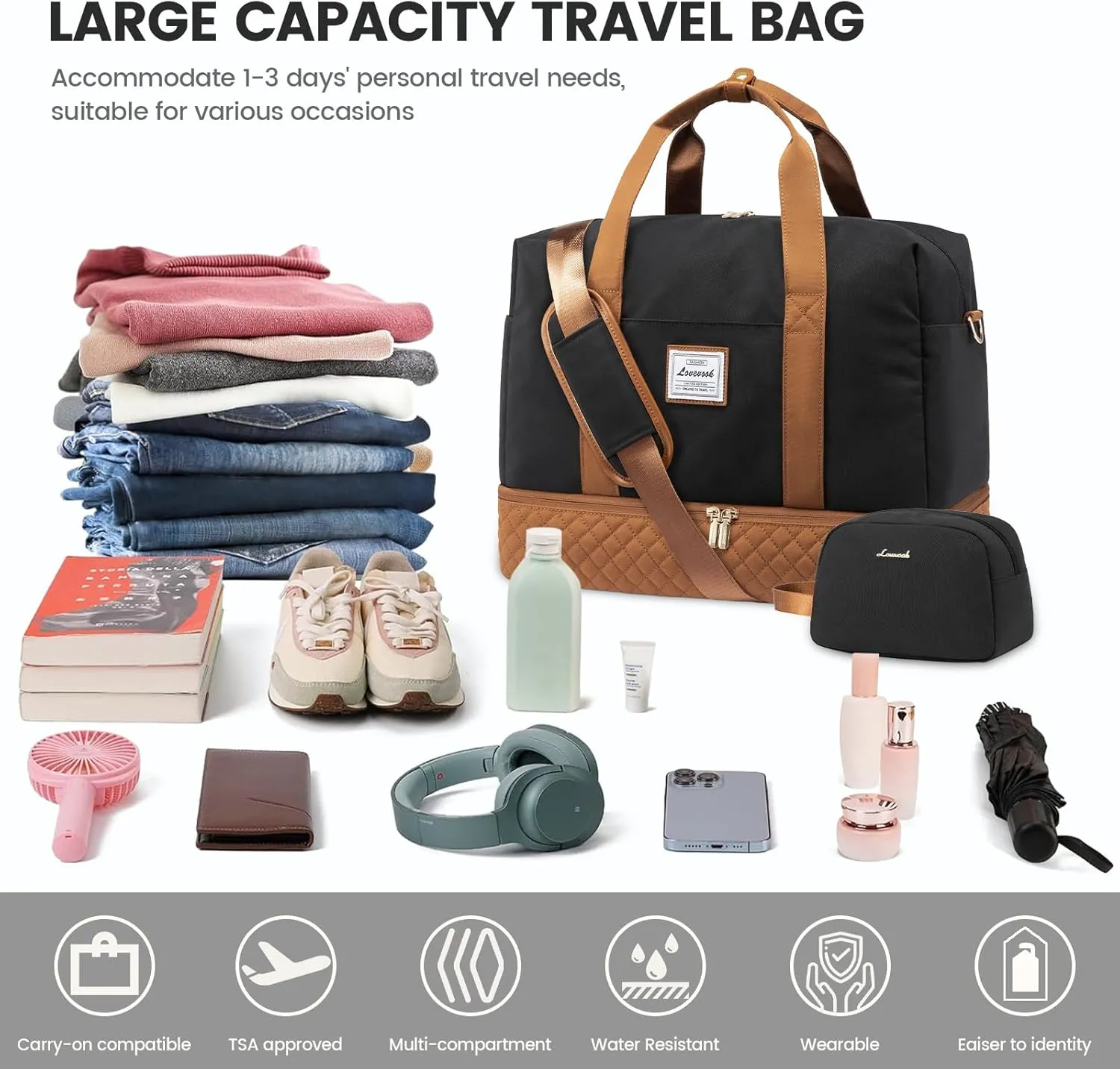 LOVEVOOK Travel Duffel Bag, 18inch Weekender Bags for Women with Shoe Compartment35L Carry on Overnight Bag with Toiletry Bag, Gym Duffel Bag with Wet Pocket, Hospital Bags for Labor and Deliver