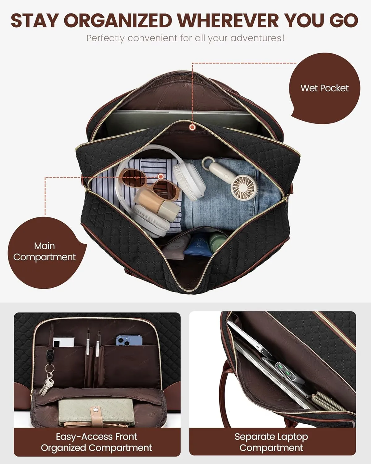 LOVEVOOK Women's Weekender Bag - Carry-On with Laptop Compartment, Shoe & Toiletry Bags (4Pc Set)