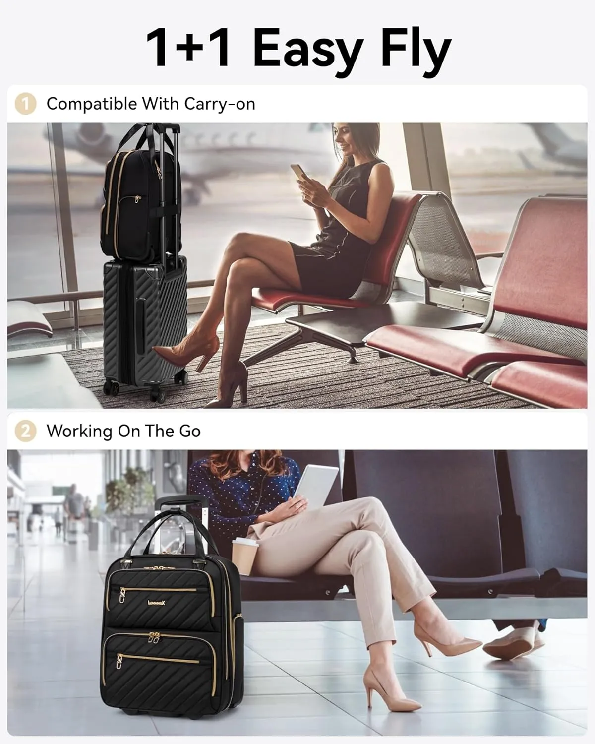 LUGGEX Underseat Carry On Luggage with Wheels, Stylish Lightweight Under Seat Luggage, Soft Sided Personal Item Suitcase for Short Trip (Cafe Latte, 16 Inch)
