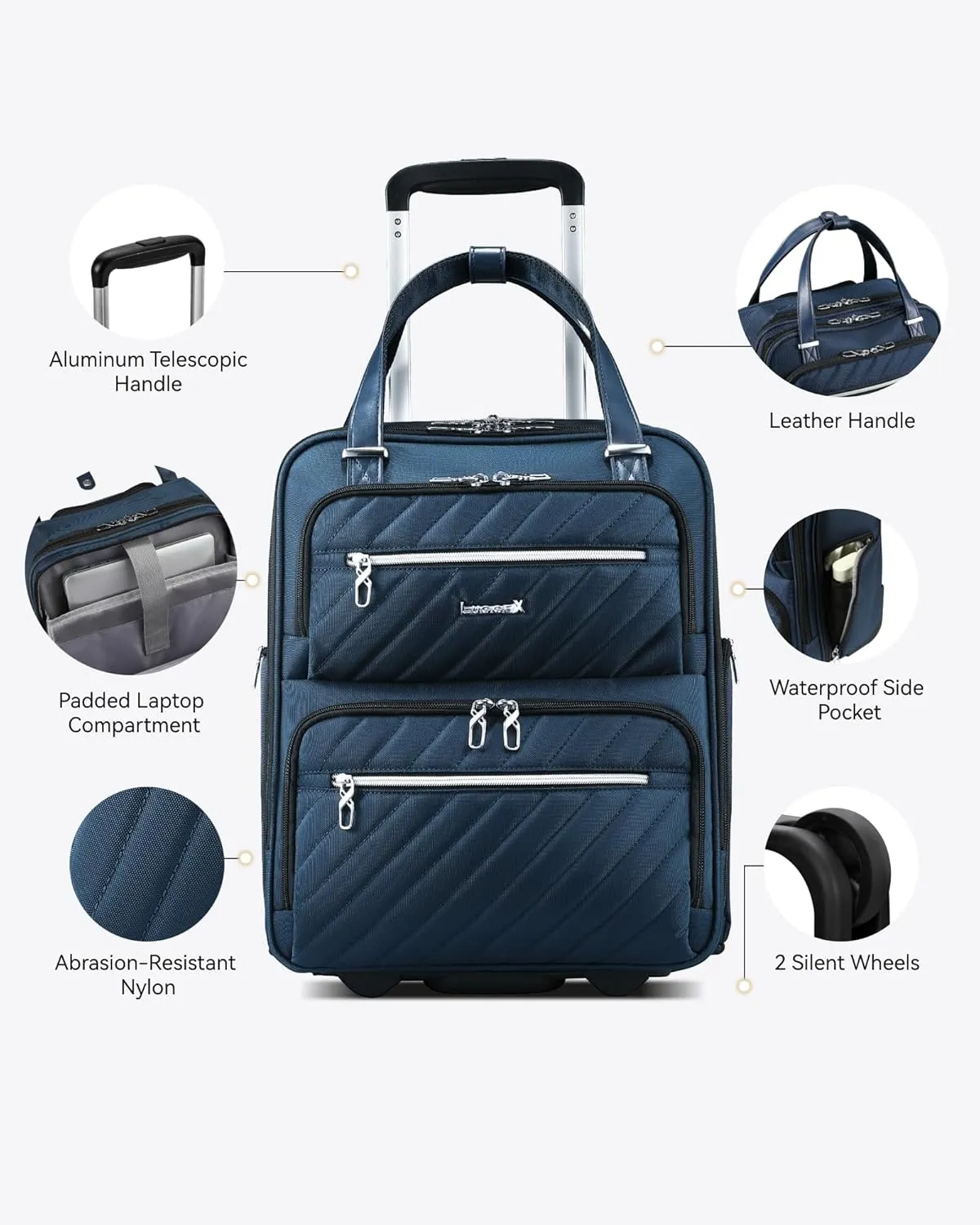 LUGGEX Underseat Carry On Luggage with Wheels, Stylish Lightweight Under Seat Luggage, Soft Sided Personal Item Suitcase for Short Trip (Navy Black, 16 Inch)
