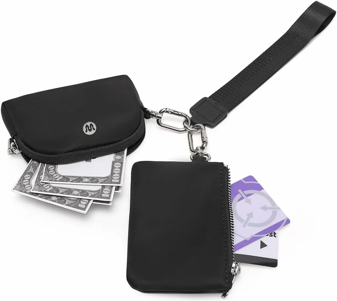 Mini Zip Around Wristlet Wallet for Women Detachable Dual Pouch Wristlet Portable Coin Pocket Keychain Small Purse (Black Black)