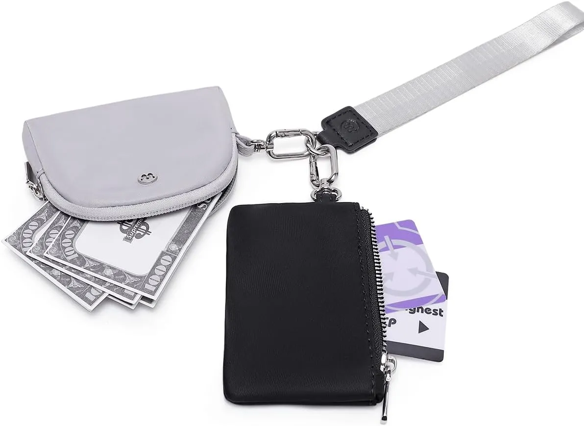 Mini Zip Around Wristlet Wallet for Women Detachable Dual Pouch Wristlet Portable Coin Pocket Keychain Small Purse (Black Grey)