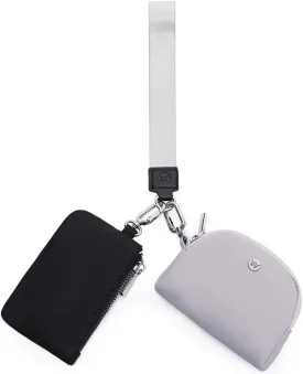Mini Zip Around Wristlet Wallet for Women Detachable Dual Pouch Wristlet Portable Coin Pocket Keychain Small Purse (Black Grey)