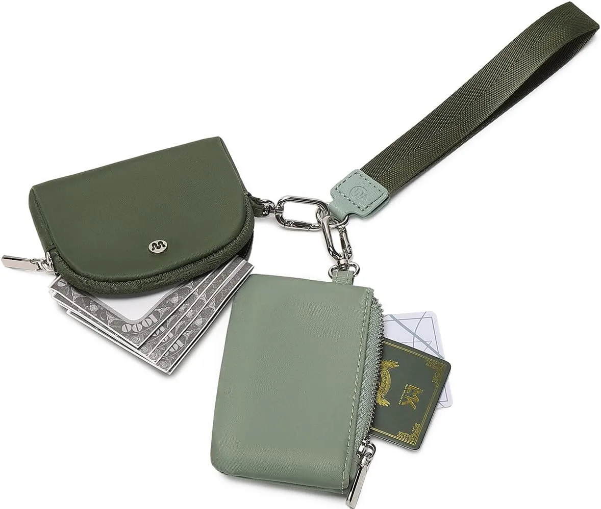Mini Zip Around Wristlet Wallet for Women Detachable Dual Pouch Wristlet Portable Coin Pocket Keychain Small Purse (Green)