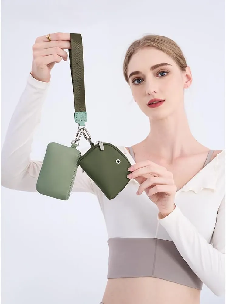 Mini Zip Around Wristlet Wallet for Women Detachable Dual Pouch Wristlet Portable Coin Pocket Keychain Small Purse (Green)
