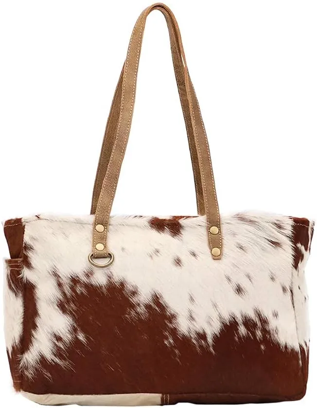 Myra Bag Fawn & White Upcycled Canvas & Cowhide Small Handbag S-1453 Brown