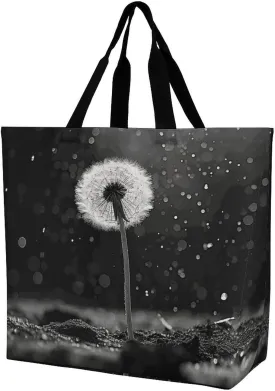 One Shoulder Shopping Bag with Handles Dandelion Black And White Printed Storage Grocery Bag Reusable Shopping Bag for Travel Commuting Daily Use