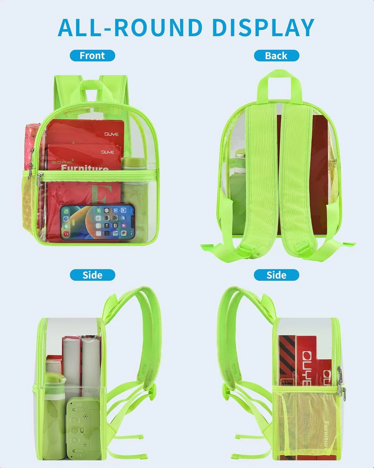 Paxiland Clear Backpack Stadium Approved 12×12×6 with Reinforced and Wider Shoulder Straps, Small Clear Bag for Schools, Concerts, Work, Festivals and Sporting Events - Green