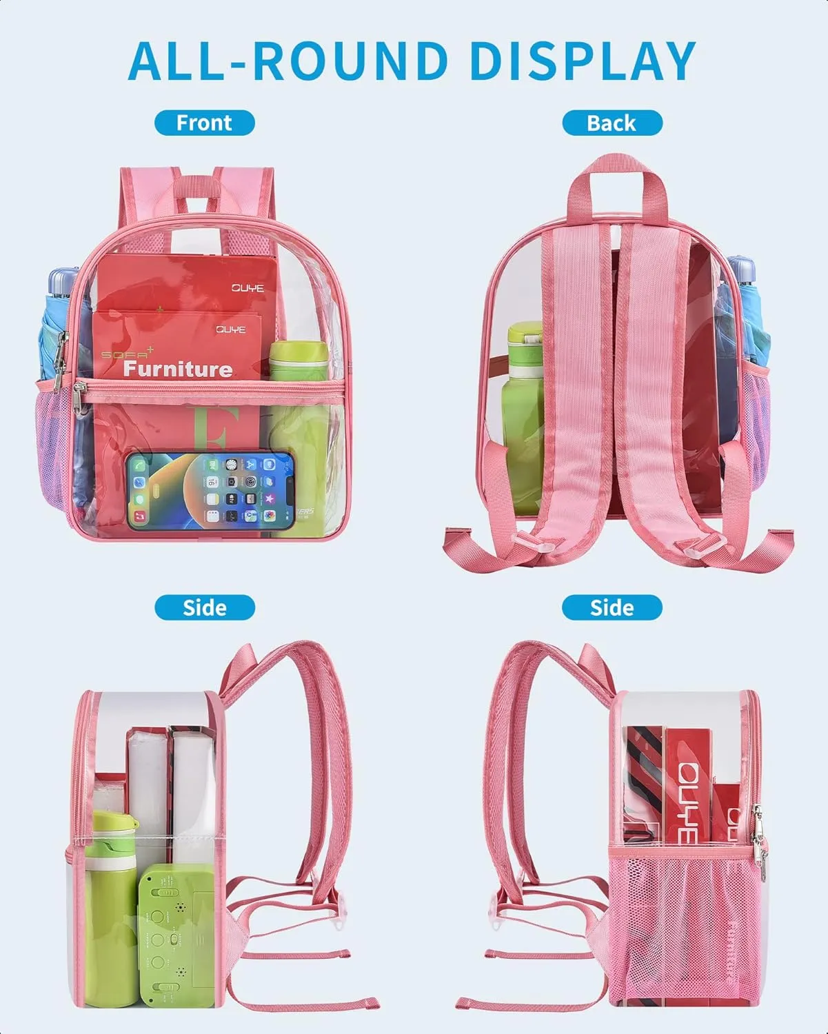 Paxiland Clear Backpack Stadium Approved 12126 with Reinforced and Wider Shoulder Straps, Small Clear Bag for Schools, Concerts, Work, Festivals and Sporting Events - Pink