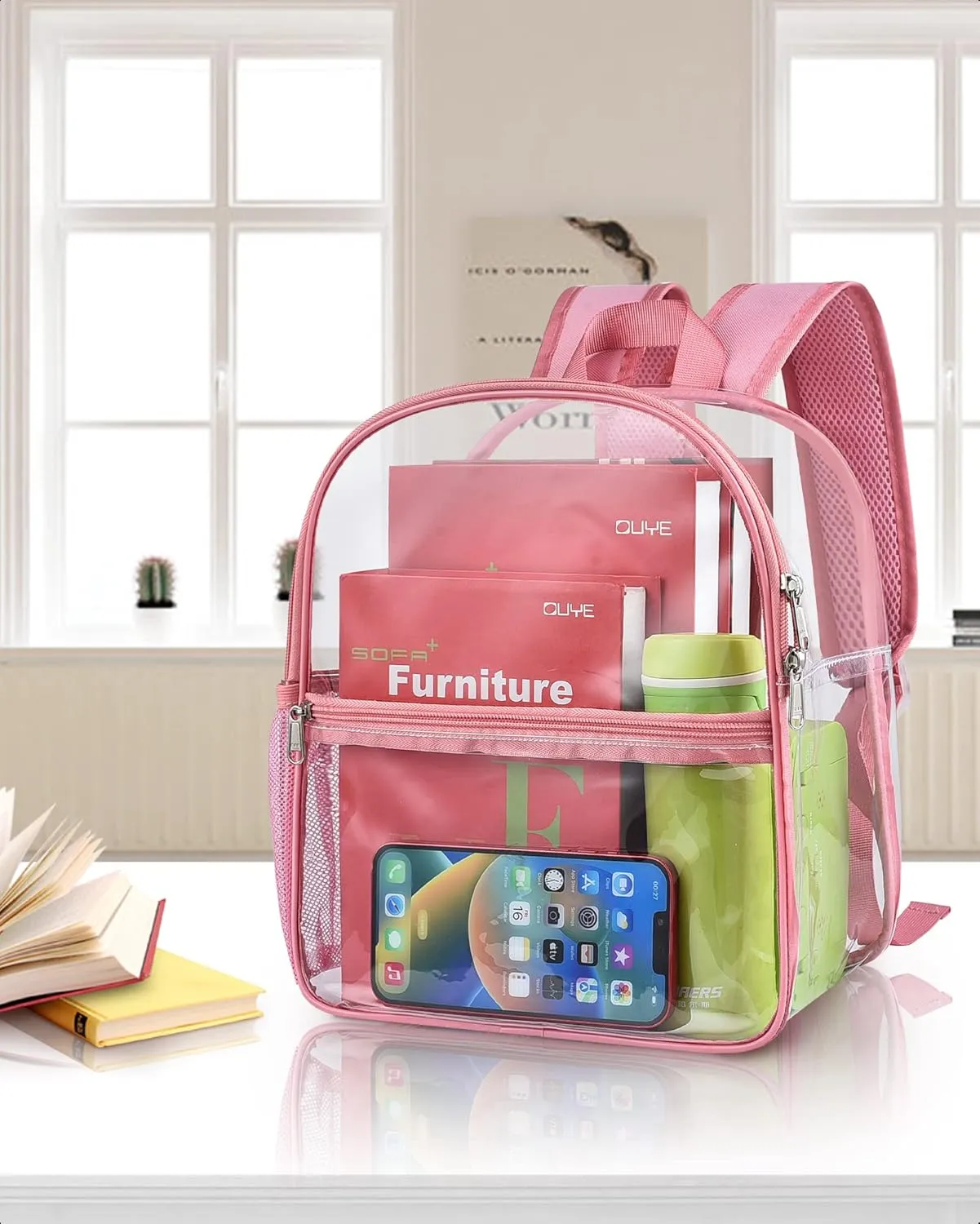 Paxiland Clear Backpack Stadium Approved 12126 with Reinforced and Wider Shoulder Straps, Small Clear Bag for Schools, Concerts, Work, Festivals and Sporting Events - Pink