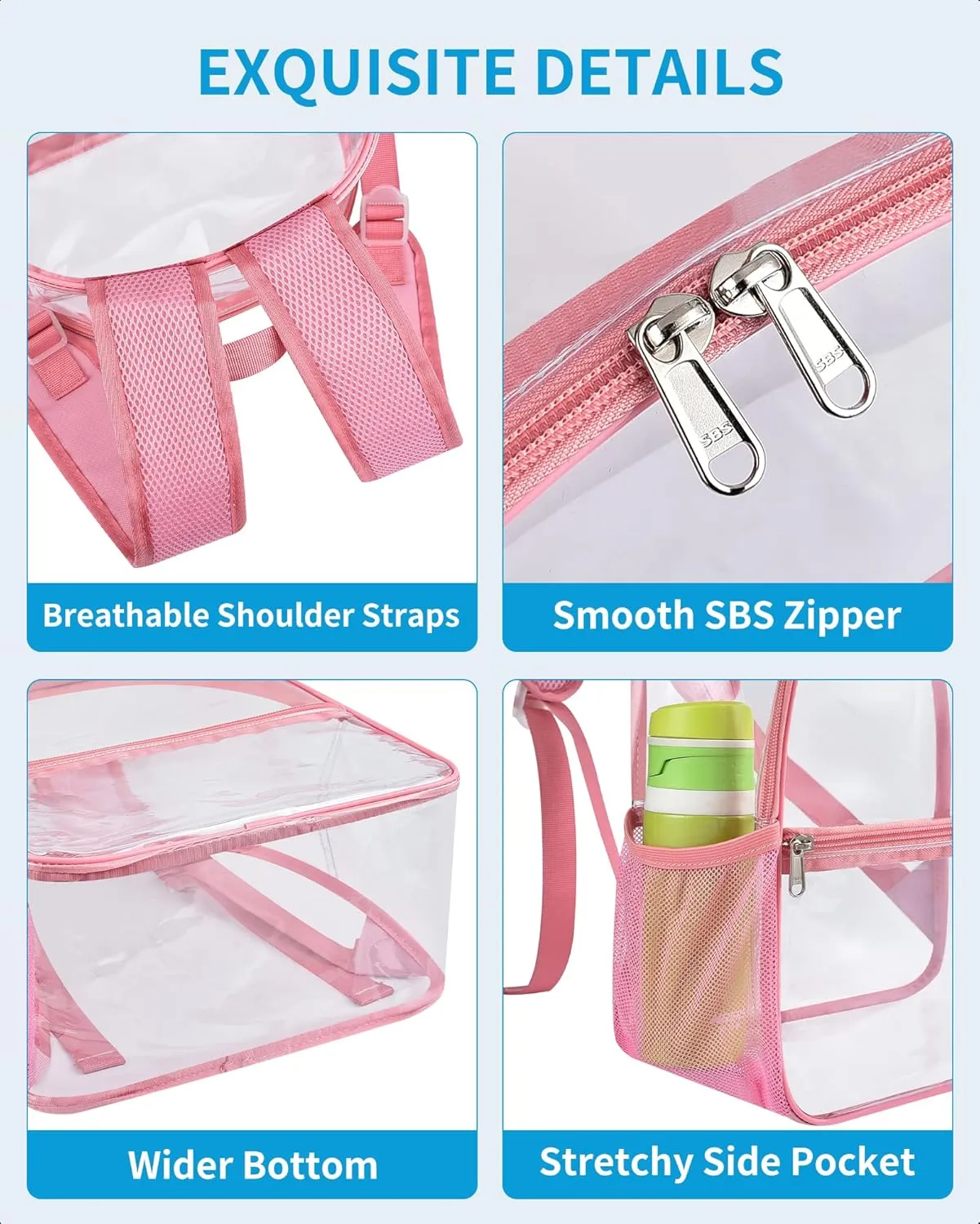 Paxiland Clear Backpack Stadium Approved 12126 with Reinforced and Wider Shoulder Straps, Small Clear Bag for Schools, Concerts, Work, Festivals and Sporting Events - Pink