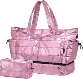 Pink 50L Travel Duffel Bag for Women, Weekender & Gym Bag with Shoe Compartment & Toiletry Bag, Water-Resistant Polyester, 18.9 x 8.5 x 15.55 inches