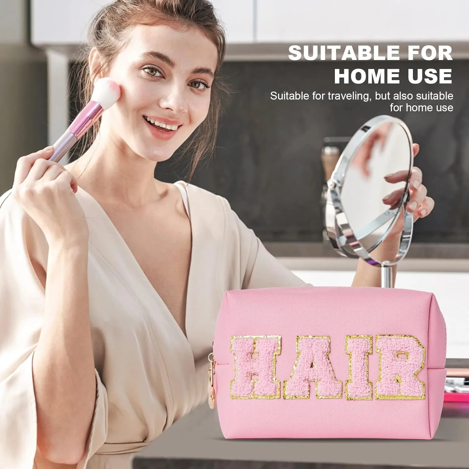 Preppy Patch Hair travel Makeup Bag Letter Cosmetic Toiletry Bag Pu Leather Portable Makeup Bags Waterproof accessories Organizer Zipper Pouch Storage Purse for Women Gift (Pink)