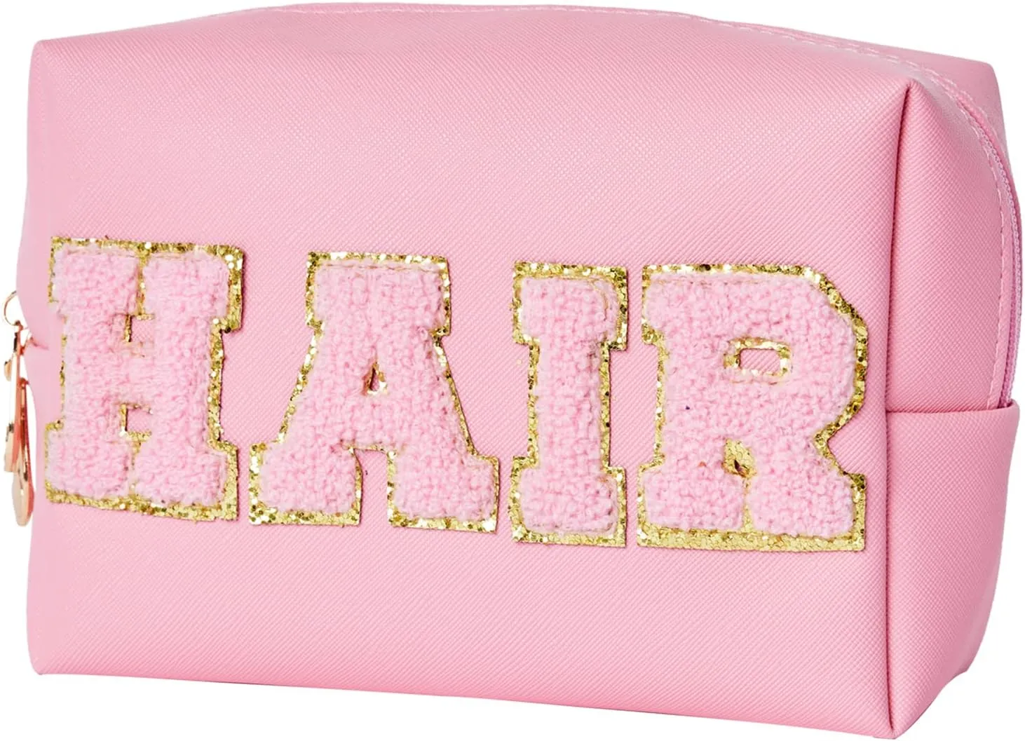 Preppy Patch Hair travel Makeup Bag Letter Cosmetic Toiletry Bag Pu Leather Portable Makeup Bags Waterproof accessories Organizer Zipper Pouch Storage Purse for Women Gift (Pink)