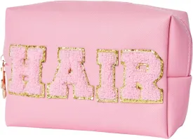 Preppy Patch Hair travel Makeup Bag Letter Cosmetic Toiletry Bag Pu Leather Portable Makeup Bags Waterproof accessories Organizer Zipper Pouch Storage Purse for Women Gift (Pink)