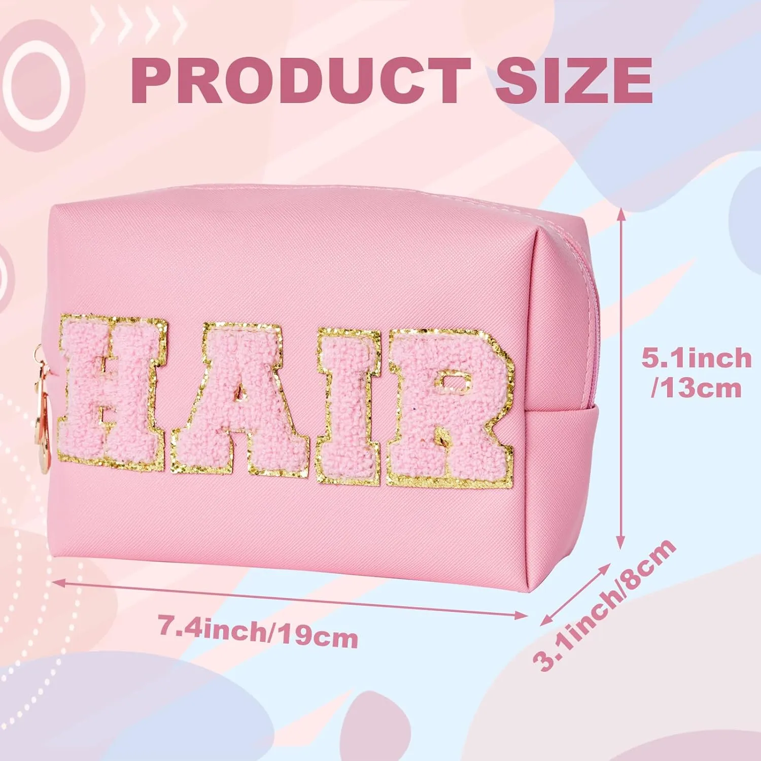 Preppy Patch Hair travel Makeup Bag Letter Cosmetic Toiletry Bag Pu Leather Portable Makeup Bags Waterproof accessories Organizer Zipper Pouch Storage Purse for Women Gift (Pink)