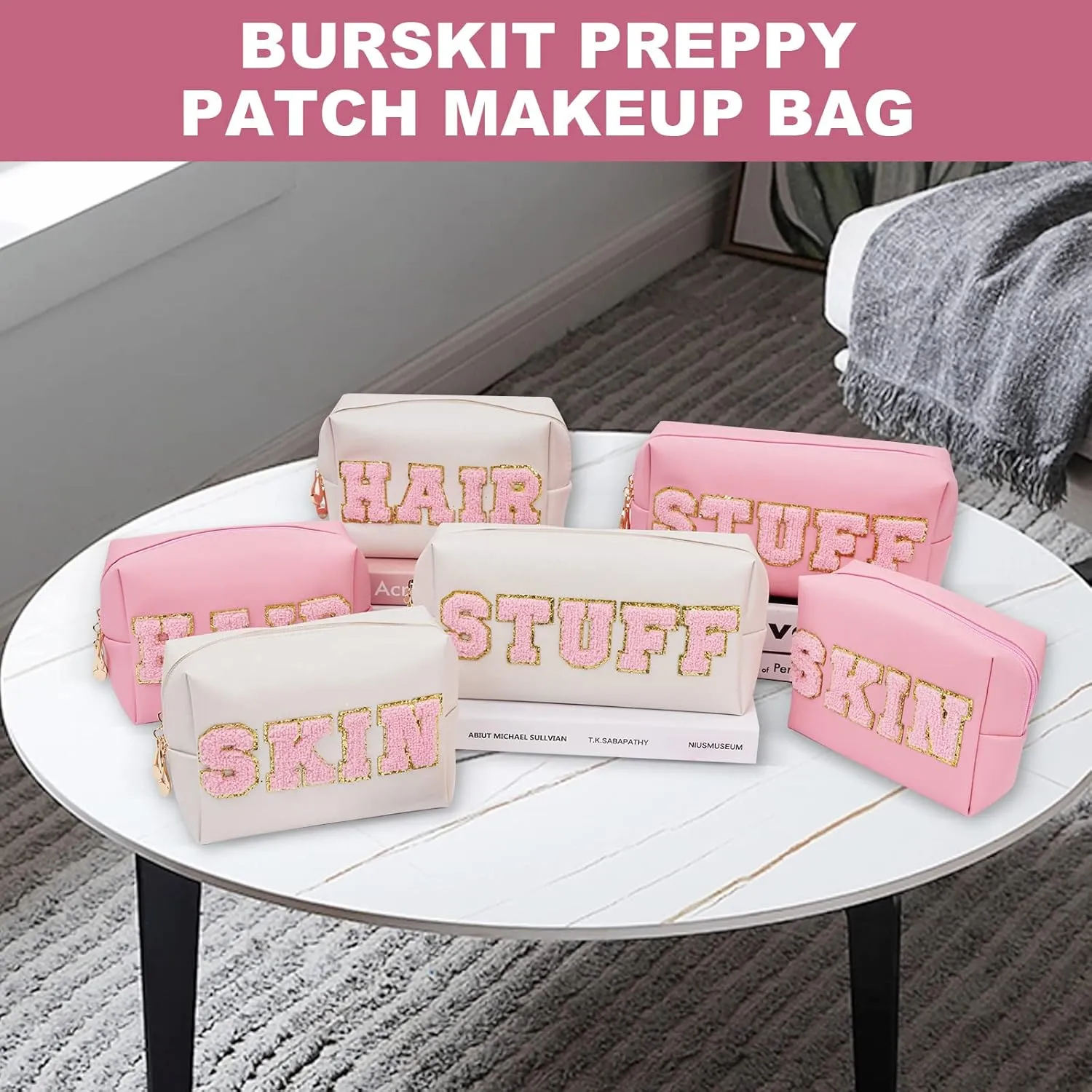 Preppy Patch Hair travel Makeup Bag Letter Cosmetic Toiletry Bag Pu Leather Portable Makeup Bags Waterproof accessories Organizer Zipper Pouch Storage Purse for Women Gift (Pink)