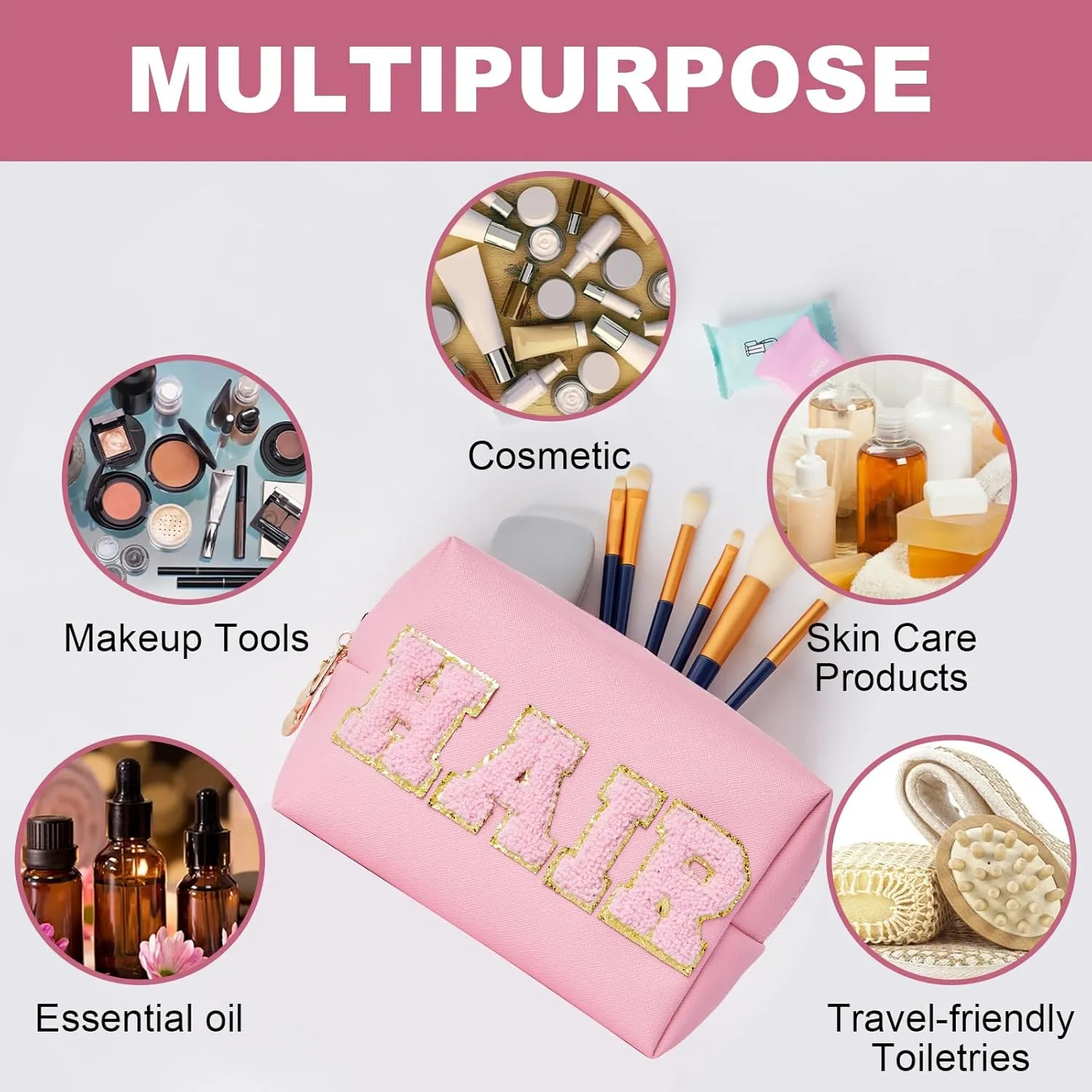 Preppy Patch Hair travel Makeup Bag Letter Cosmetic Toiletry Bag Pu Leather Portable Makeup Bags Waterproof accessories Organizer Zipper Pouch Storage Purse for Women Gift (Pink)