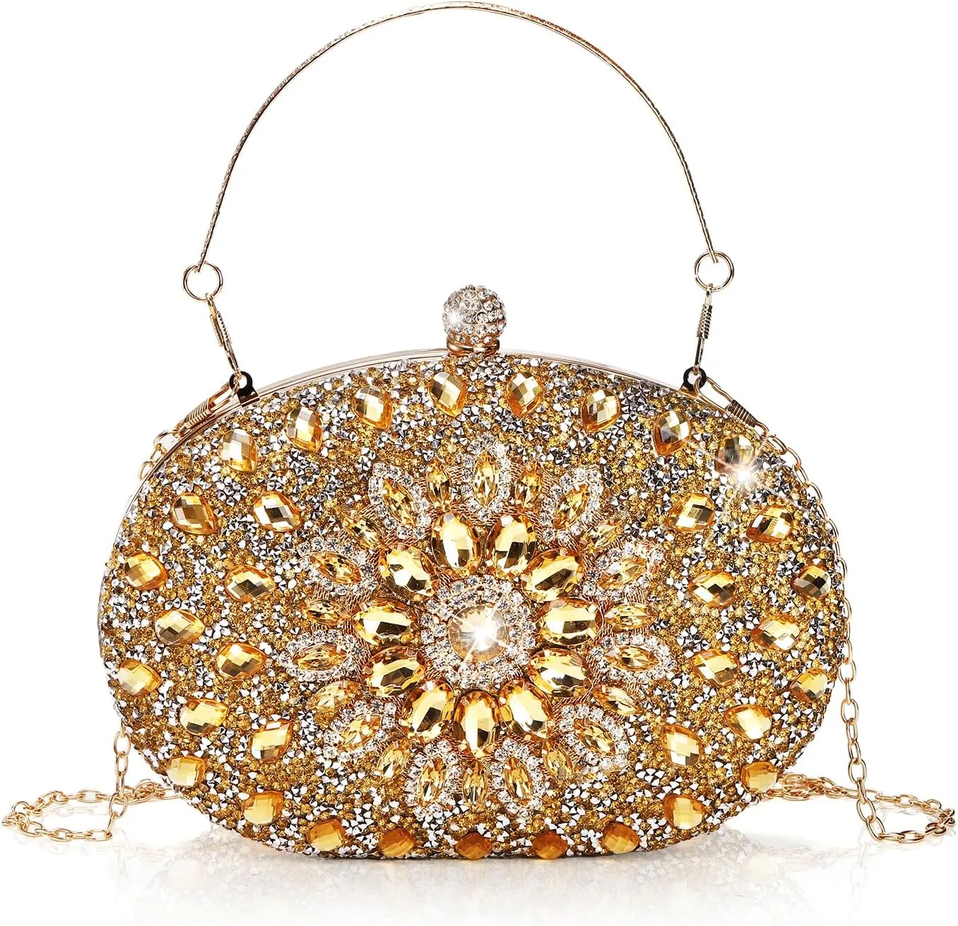 Rhinestone Evening Clutch Purse, Gold Sparkling Glitter Wrist Clutch Bag with Detachable Chain, Crystal Diamond Lady HandBag for Wedding, Party, Prom, Date Night