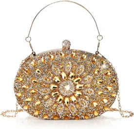 Rhinestone Evening Clutch Purse, Gold Sparkling Glitter Wrist Clutch Bag with Detachable Chain, Crystal Diamond Lady HandBag for Wedding, Party, Prom, Date Night