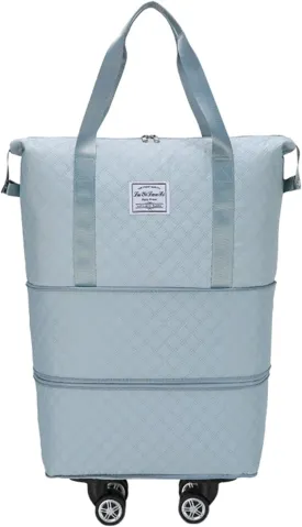 Rolling Duffle Bag with Wheels, Expandable Travel Duffel with Detachable Spinner Wheels & Wet Pocket, Large Waterproof Travel Tote Carry On Overnight Hospital Bag Beige Light Blue