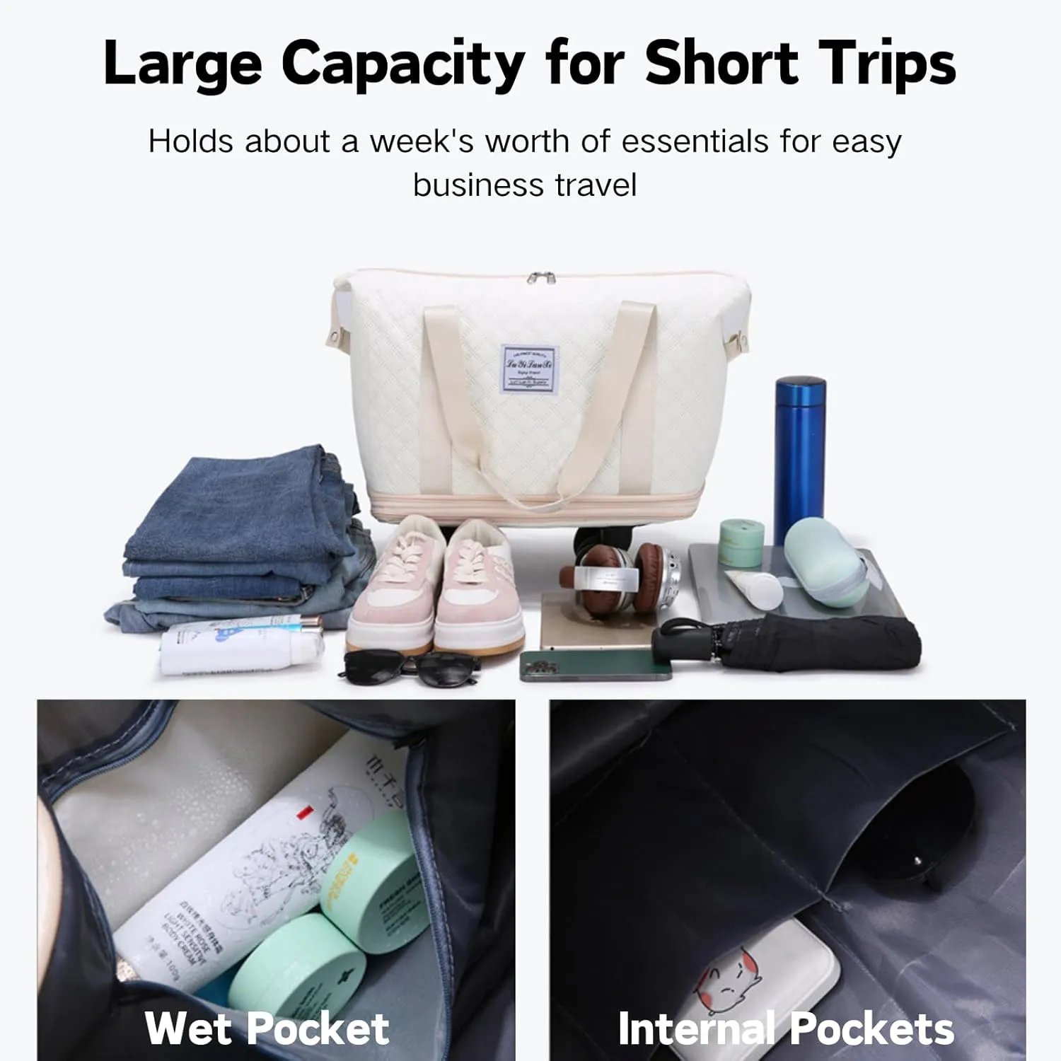 Rolling Duffle Bag with Wheels, Expandable Travel Duffel with Detachable Spinner Wheels & Wet Pocket, Large Waterproof Travel Tote Carry On Overnight Hospital Bag Beige Light Blue