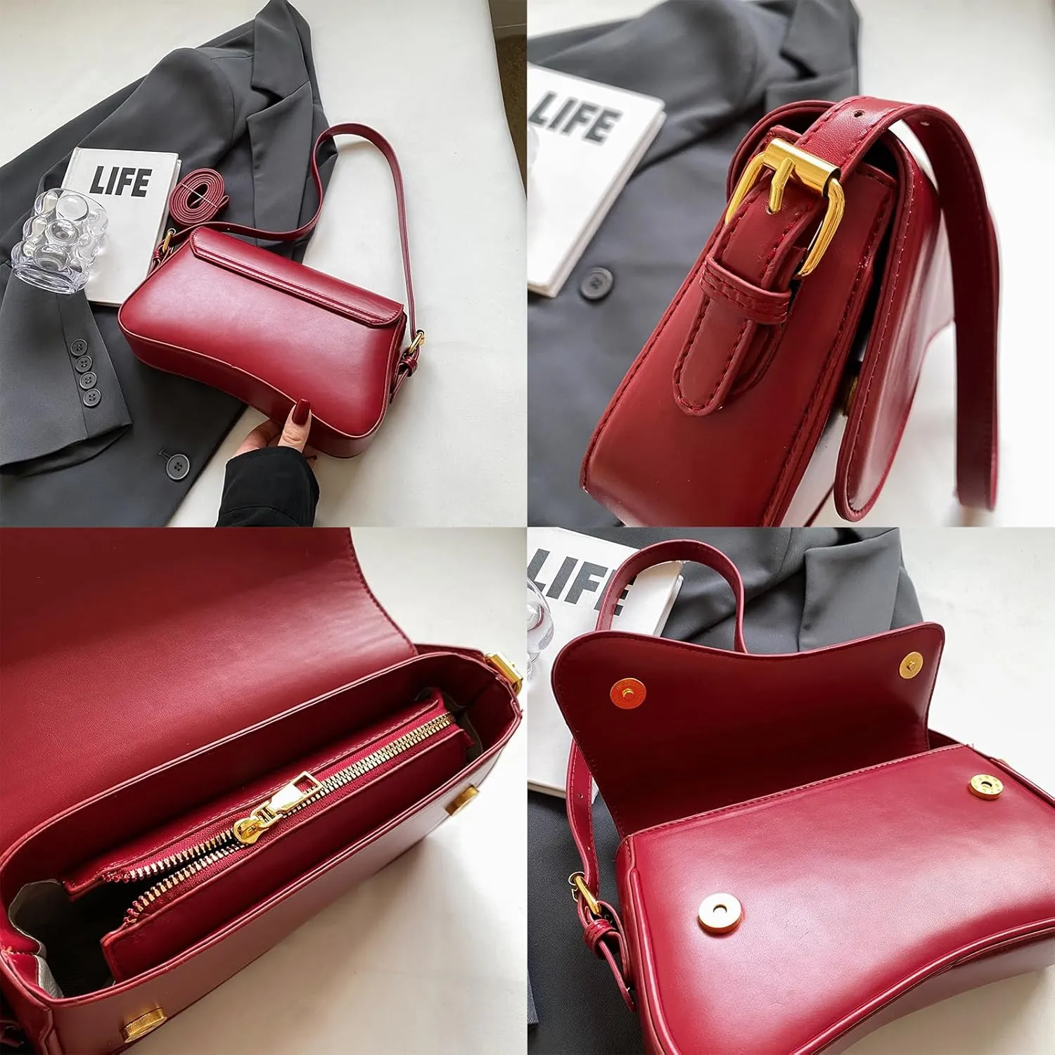 Shoulder Bag for women Y2K Crossbody Vegan Leather Purse Straps Retro Clutch Hobo Hadbags with 2 Removable