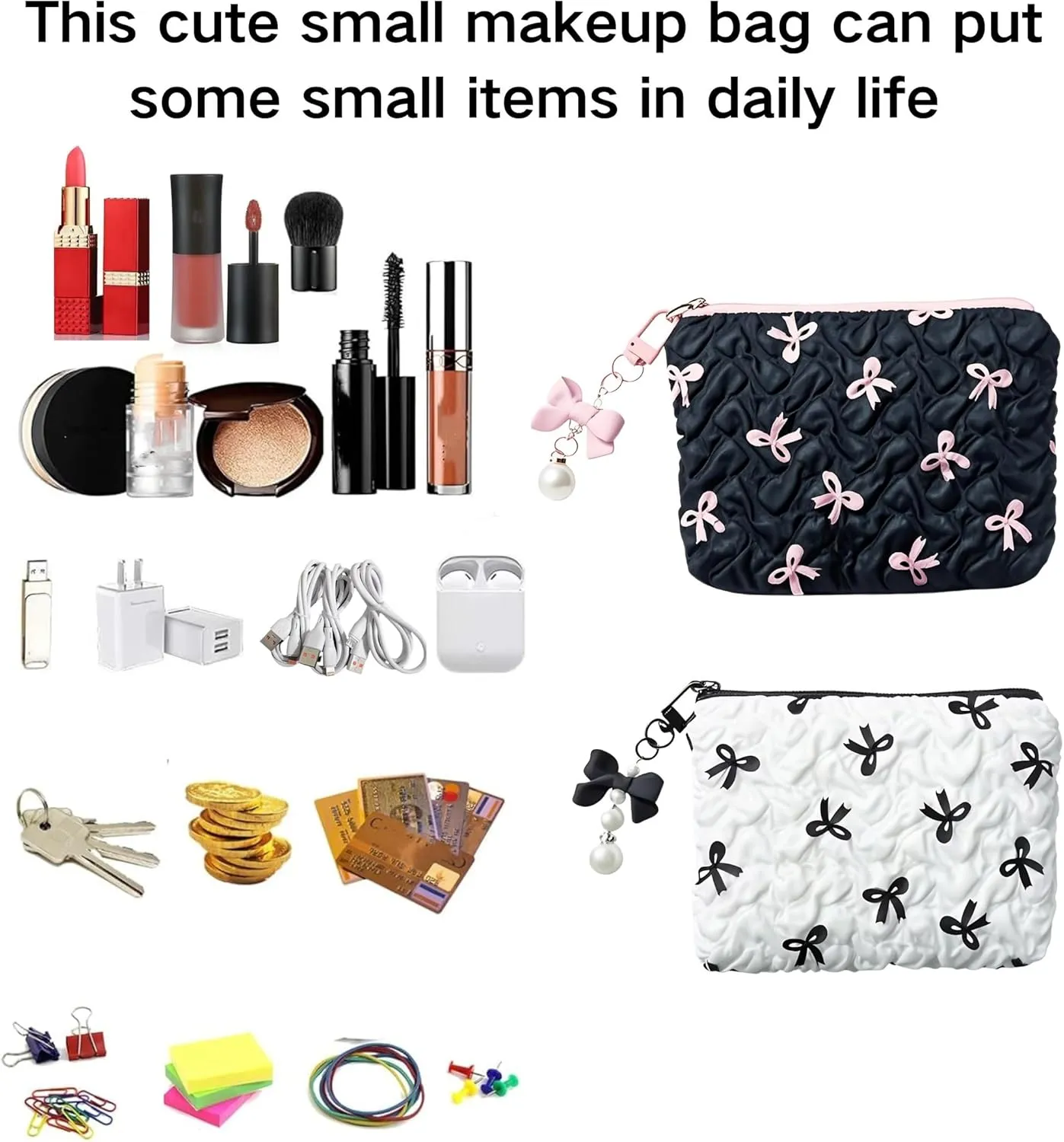 Small Makeup Bag for Purse Bow Makeup Pouch Cute Cosmetic Pouch for Women Portable Mini Cosmetic Bag Travel Mini Makeup Bag For Lipstick Keys Bank Cards