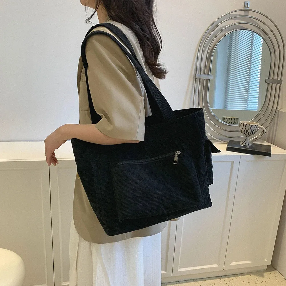 Sohiwoo Corduroy Versatile Tote Handbag Retro Lightweight Underarm Bags Women's Casual Shopping Bags Large Capacity Ladies Shoulder Bags