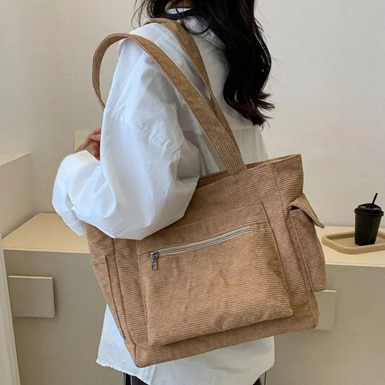 Sohiwoo Corduroy Versatile Tote Handbag Retro Lightweight Underarm Bags Women's Casual Shopping Bags Large Capacity Ladies Shoulder Bags