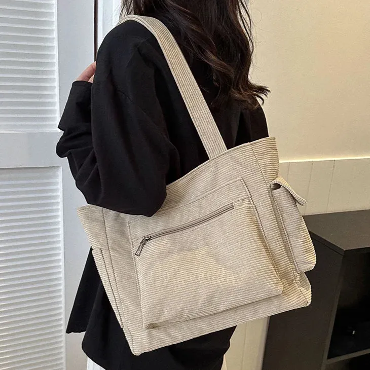 Sohiwoo Corduroy Versatile Tote Handbag Retro Lightweight Underarm Bags Women's Casual Shopping Bags Large Capacity Ladies Shoulder Bags